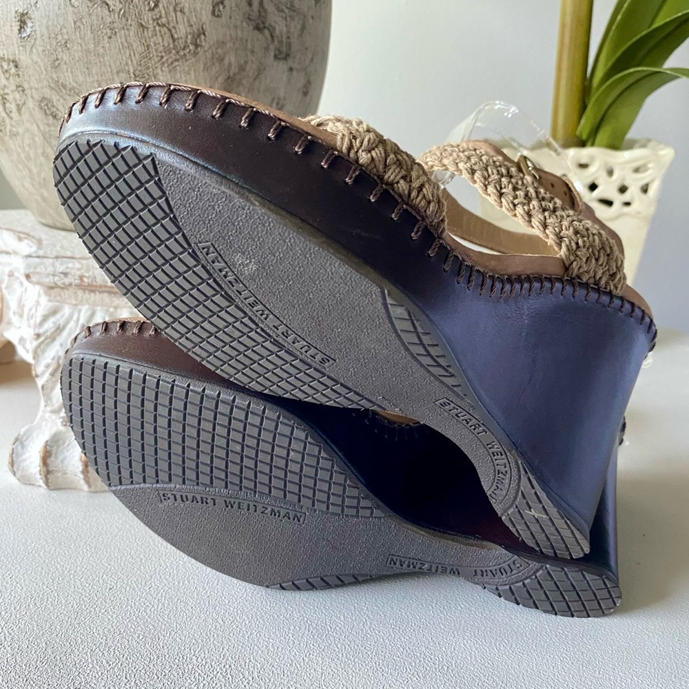 Stuart Weitzman Boho Crochet Weaved Khaki Wedge Sandals Womens 6M Tan Brown Rare - Picture 6 of 7
